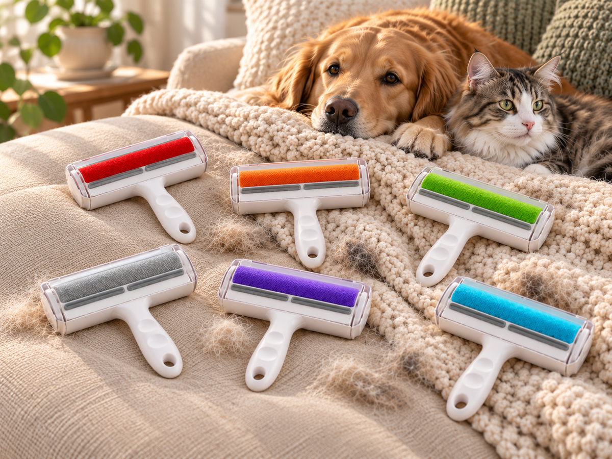 FurLess Pro pet hair rollers in six colors on a cozy sofa with pets
